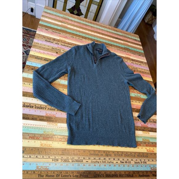 The Mens Store Bloomingdales Cashmere Silk Rib Sweater L Leather Trim 1/4 Zip - Picture 7 of 11
